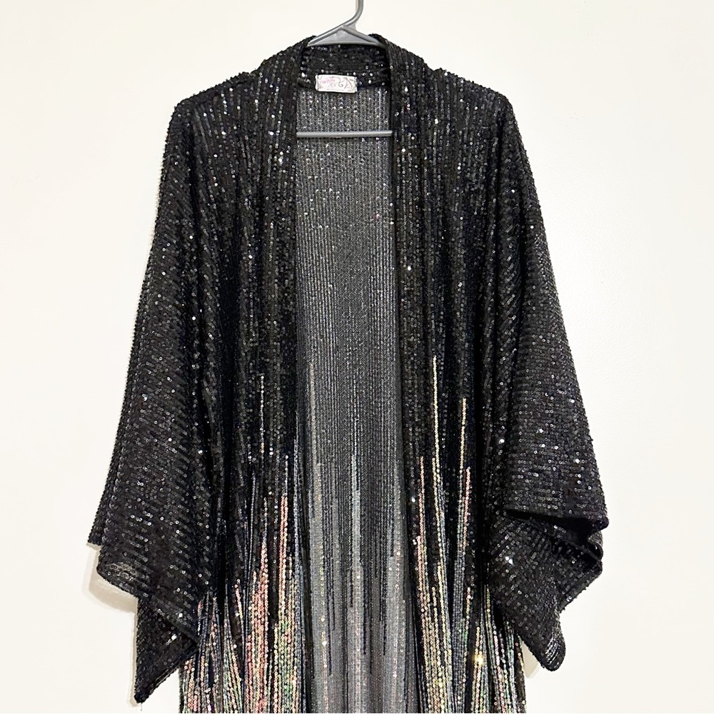 Free People Party On Sequin Kimono Jacket Duster In Color Black Combo - Picture 6 of 10